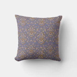 Almofada Damasco de Ouro Elegante sobre Azul Periwinkle