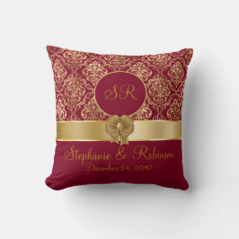 Almofada Damasco Dourado Elegante Em Monograma Burgundy
