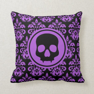 Almofada Damasco fanged gótico do roxo do crânio do Dia d