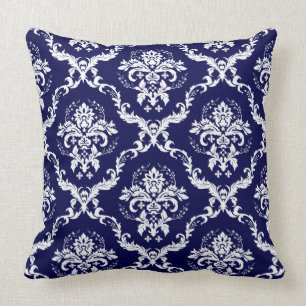 Almofada Damasco Floral Azul e Branco do Marinho Reversível