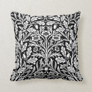 Almofada Damasco floral de Nouveau da arte, preto e branco
