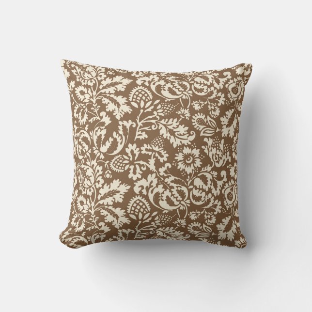 Almofada Damasco floral de William Morris, Taupe Tan e bege (Frente)