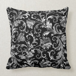 Almofada Damasco Floral Elegante Preto E Prateado