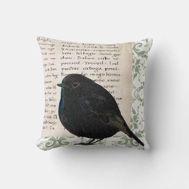 Almofada Damasco moderno do verde do manuscrito do pássaro (Frente)