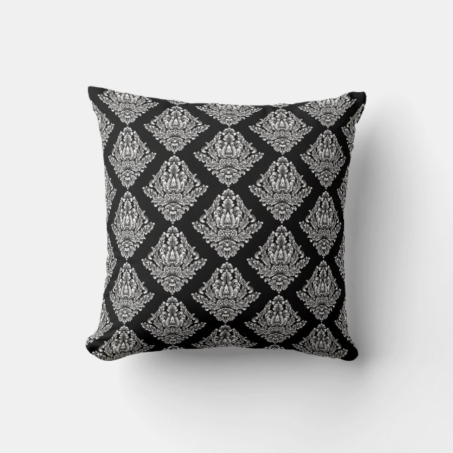 Almofada Damasco Ornamental Branco Preto Floral (Frente)