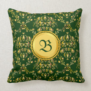 Almofada Damasco verde escuro Dourado do monograma medieval