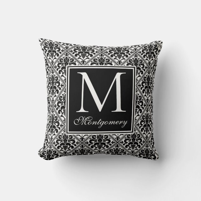 Almofada Damask Black White Monogramas (Frente)