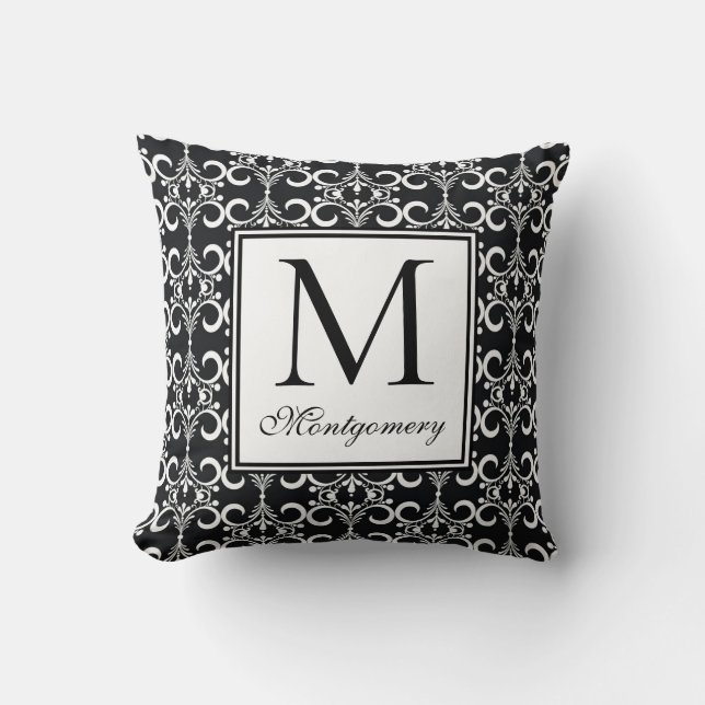 Almofada Damask Black White Monogramas (Frente)