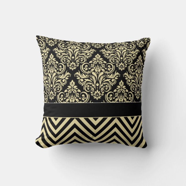 Almofada Damask Chevron - marfim preto (Frente)