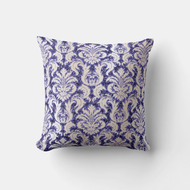 Almofada Damask Pprecoce Ivory Glitter Marinho Azul Indigo  (Frente)