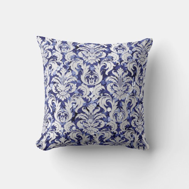 Almofada Damask Royal Glitter Silver Cinza Indigo Marinho A (Frente)