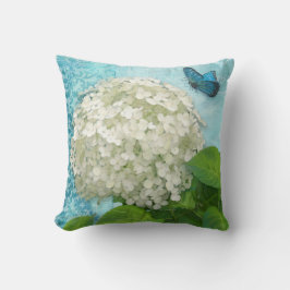 Almofada Damask Snowball White Hydrangea Blue Butfly Art