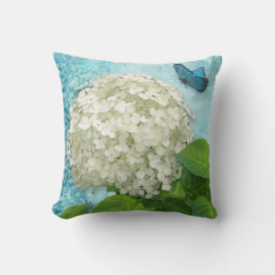 Almofada Damask Snowball White Hydrangea Blue Butfly Art