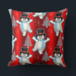 Almofada Dançando Snowman Christmas Red<br><div class="desc">Este lindo travesseiro decorativo de Natal vermelho vai certamente adicionar um toque colorido e festivo ao seu decoro de Natal este Natal. A design apresenta um boneco de neve balbuciano, dançante, com chapéu e cachecol listrado, cercado por árvores de Natal prateadas e neve sobre fundo vermelho. O outro lado apresenta...</div>
