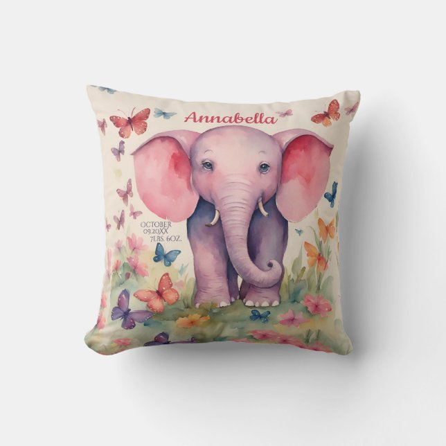 Almofada Data de Nascimento Personalizada do Bebê-Elefante (Frente)