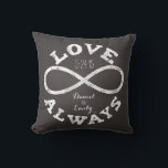 Almofada Data e Nomes de Casamento do Amor Infinito no Quad<br><div class="desc">Celebre o amor infinito entre a sua noiva e o seu noivo favoritos com esta almofada personalizável! Um símbolo de infinito em giz branco e o texto “Amor Sempre” rodeiam os nomes do casal e a data do casamento num fundo de quadro negro. Faz um presente lindo, moderno e personalizado....</div>