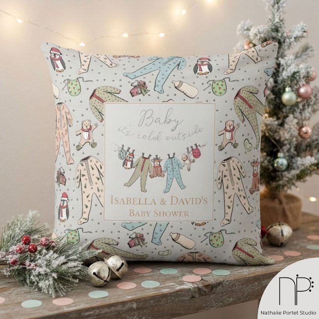 Almofada de Acabamento para Chá de Bebê de Inverno (This winter baby shower decor features hand-drawn illustrations, perfect for nursery styling.)