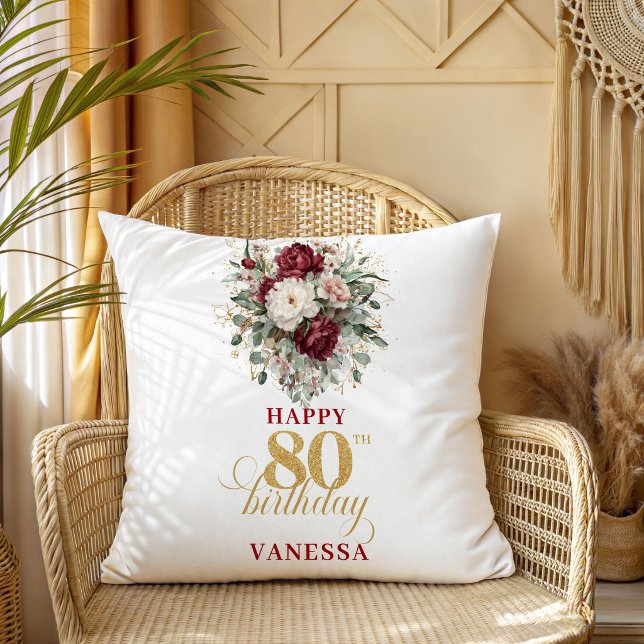 Almofada de aniversário de 80 anos Bege Borgonha (Maroon Blush Burgundy 80th Birthday Pillow)