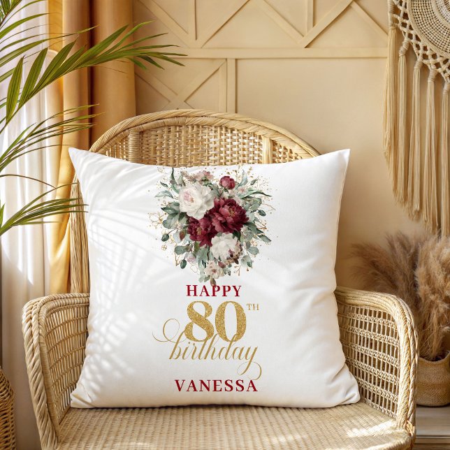 Almofada de aniversário de 80 anos em rosa avermel (Deep Red Blush Burgundy 80th Birthday Pillow)