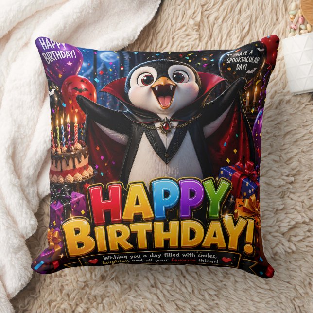 Almofada de aniversário de pinguim vampiro feliz (Cobertor)