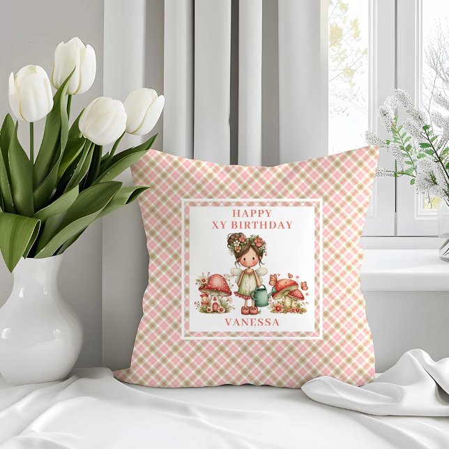 Almofada de Aniversário Flores Rosa Bege Fada Grac (Graceful Fairy Blush Pink Flowers Birthday Pillow)