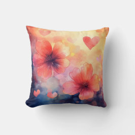 Almofada de Aquarela Romântica com Flores e Coraçõ