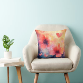 Almofada de Aquarela Romântica com Flores e Coraçõ