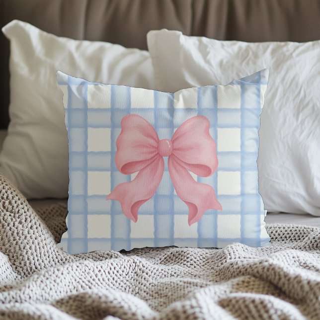 Almofada de Arremesso com Laço Rosa e Xadrez Azul (Criador carregado)
