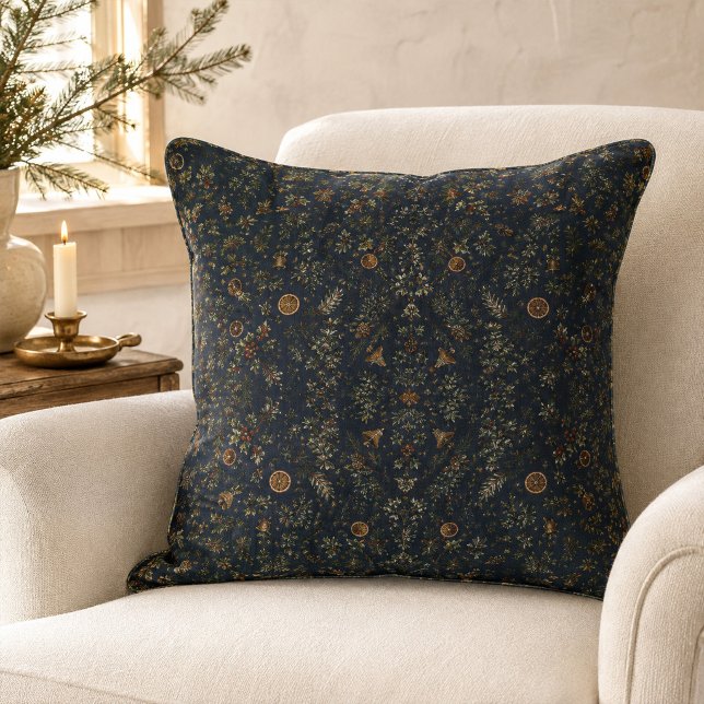 Almofada de Arremesso com Padrão Botânico de Yule  (Moonlit Yule Botanical Pattern Throw Pillow)