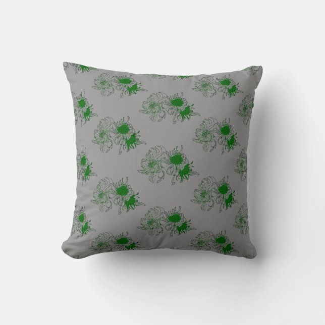 Almofada de Arremesso com Padrão Floral Cinza e Ve (Frente)