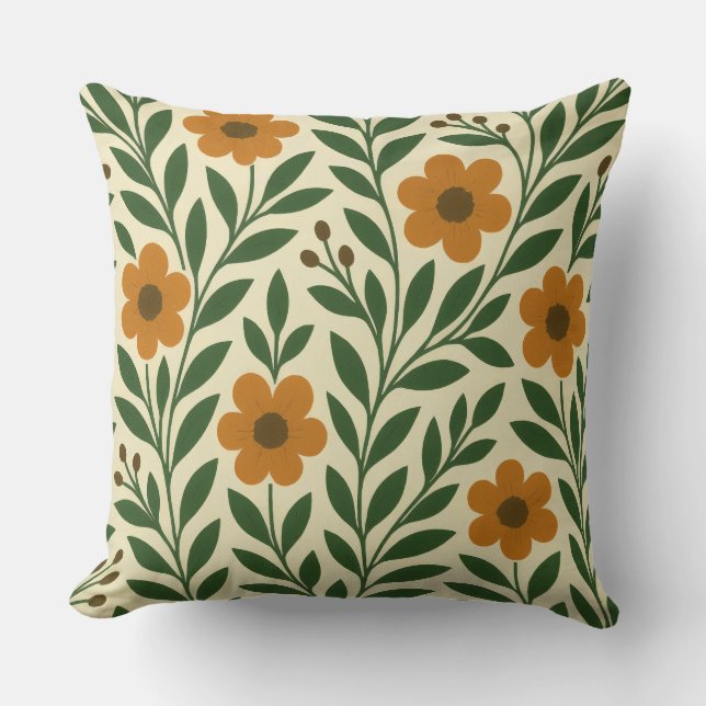 Almofada de Arremesso de Flores Laranja e Verde (Frente)