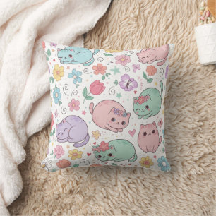 Almofada de Arremesso de Gatos Kawaii e Flores da