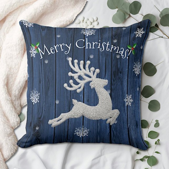 Almofada de Arremesso de Rena de Natal Rústica Azu (Blue Rustic Christmas Reindeer Throw Pillow)