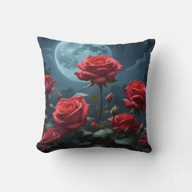 Almofada de Arremesso de Rosas Vermelhas ao Luar (Frente)