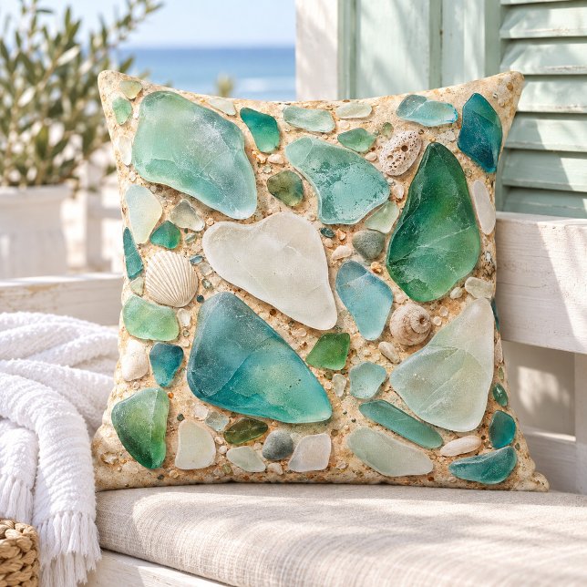 Almofada de Arremesso de Vidro do Mar (16 inch cotton throw pillow. Same flat printed design both sides. Styled scene; props not included.)