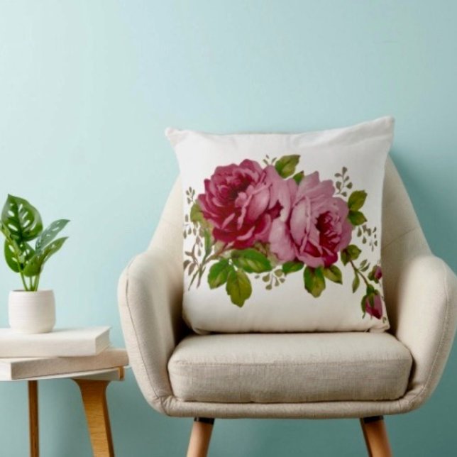 Almofada de Arremesso Elegância Rosa Repolho Vinta (Throw Pillow 100% polyester heavyweight stretch material. Hidden zipper Made in the USA.)