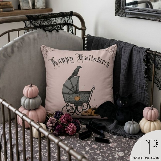 Almofada de Arremesso Feliz Halloween Carrinho de  (Gothic Halloween throw pillow, hand-drawn ink art, blush pink, personalized festive home decor)