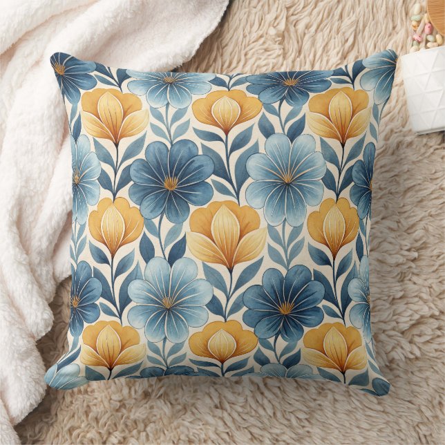 Almofada de Arremesso Floral Azul e Dourado (Cobertor)