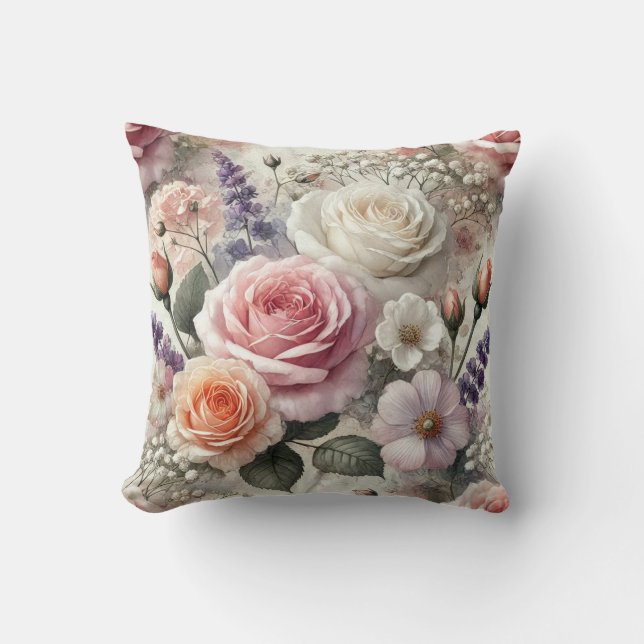 Almofada de Arremesso Floral com Rosas Rosa e Bran (Frente)