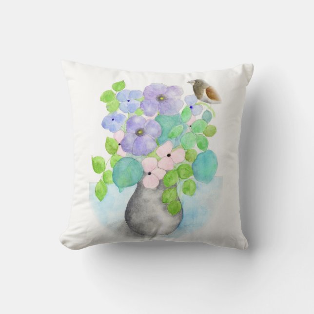 Almofada de buquê de flores aquarela da ORDesigns. (Frente)