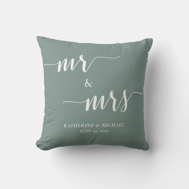 Almofada de casamento verde sage moderna para Sr.  (Frente)