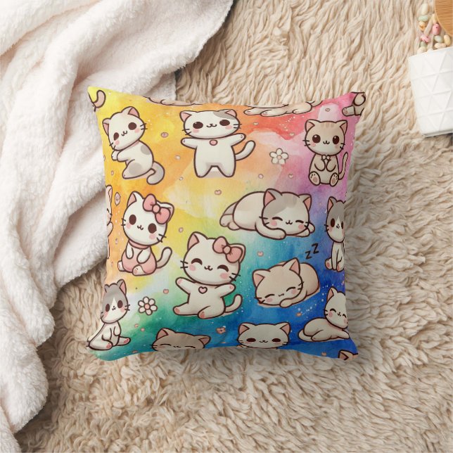  Almofada de Gato Kawaii com Arco-íris Aquarela  (Cobertor)