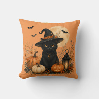 Almofada de Halloween de Abóbora com Gato Preto Fo