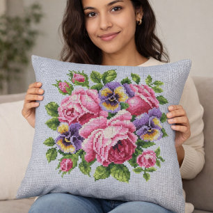 Almofada de lança com bordado rosa floral em ponto