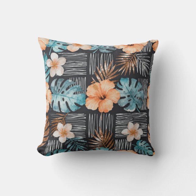 Almofada de lançamento floral tropical escura (Frente)