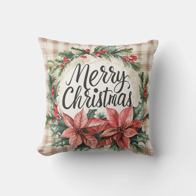Almofada de Natal Alegre Poinsettia Vintage (Frente)
