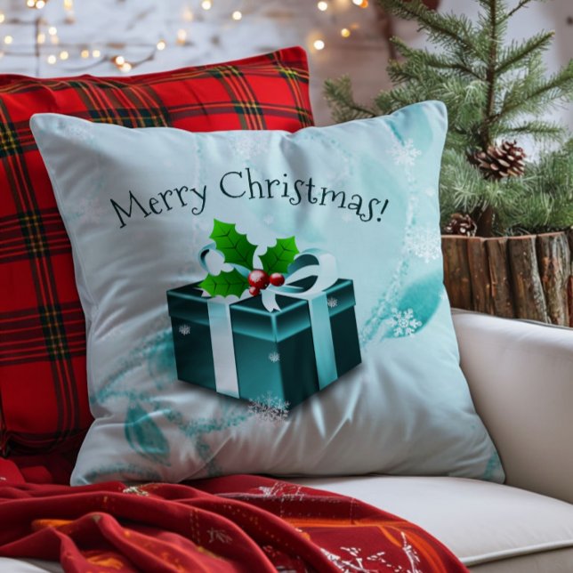 Almofada de Natal Presente Azul-Verde (Teal Christmas Gift Throw Pillow)