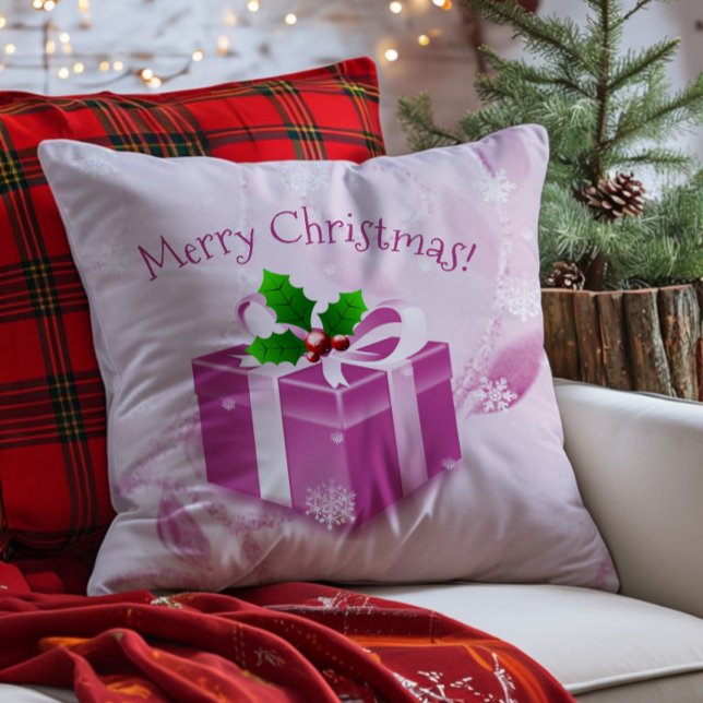 Almofada de Natal Presente Rosa (Pink Christmas Gift Throw Pillow)