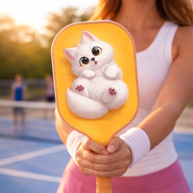 Almofada de Pickleball de Fibra de Carbono Raposa  (High-quality lifestyle shot of the fluffy white kitten edition pickleball paddle.)
