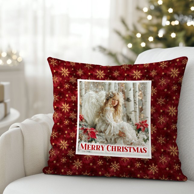 Almofada de presente vermelha e dourada com anjo v (Graceful Victorian Angel Red and Gold Gift Pillow)